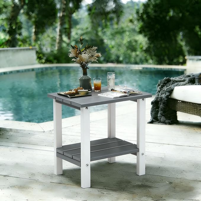OTSUN Adirondack Outdoor Side Table, 16" HDPE Patio Side Table with Shelf, Weather Resistant Easy Maintenance for Backyard Pool Porch Garden & Lawn