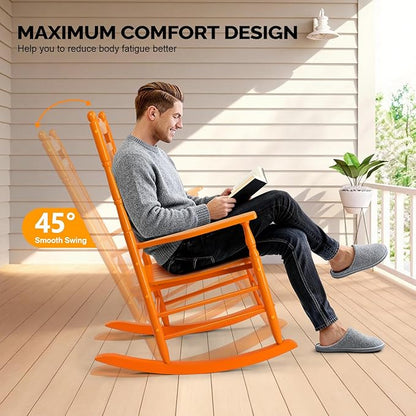 VINGLI Wooden Rocking Chair Outdoor, Patio Rockers with High Back, Support 450 LBS Rocking Chairs, for Porch, Patio, Balcony, Garden, Yard (Orange, 2 PCS)