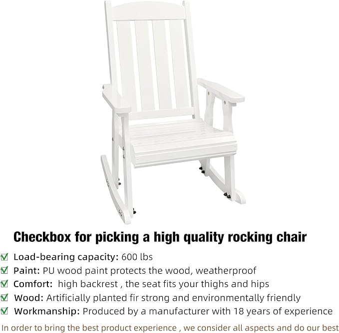 Fortune Candy Wooden Patio Rocking Chair with Comfortable Backrest Inclination, High Backrest and Deep Contoured Seat, Solid Fir Wood, Heavy Duty 600 LBS (Pure White, 2 Pieces)