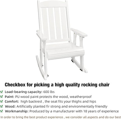 Fortune Candy Wooden Rocking Chair with Comfortable Backrest Inclination, High Backrest and Deep Contoured Seat, Solid Fir Wood, Heavy Duty 600 LBS, for Backyard, Porch and Patio (PU White)