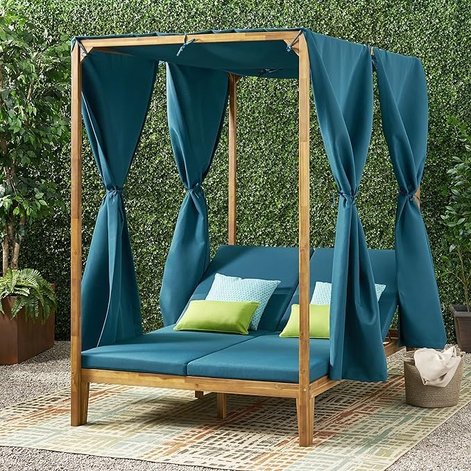 Christopher Knight Home Kenzie Acacia Wood Outdoor Daybed with Canopy, Double Chaise Lounge Chair Outdoor with Cushion - Photo 4