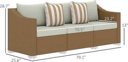 Outsunny 3 Seater Patio Sofa, Wicker Sofa with Cushions, Outdoor Furniture Rattan Couch with 2 Throw Pillows, Deep Seating, for Garden, Backyard, Porch, Light Gray