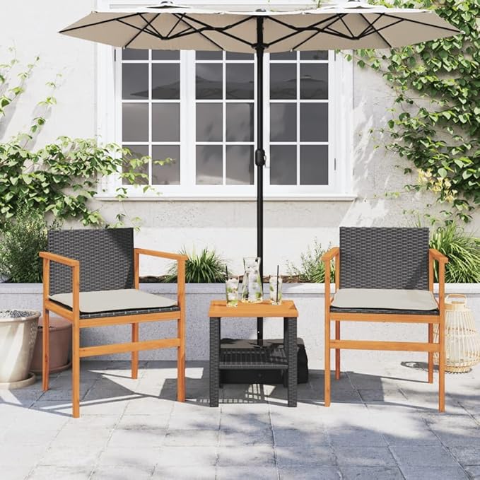 Patio Chairs with Cushions 2 pcs Black Poly Rattan&Solid Wood Sillas para Patio Lawn Chairs for Dining Table Garden - Photo 4