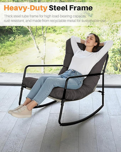 Outdoor Rocking Chair, Metal Patio Rocking Chair, Indoor Rocking Chair with Cushion, Papasan Rocking Lounge Chair, Comfy Modern Rocker Chair for Porch, Living Room, Garden, Lawn, Dark Grey
