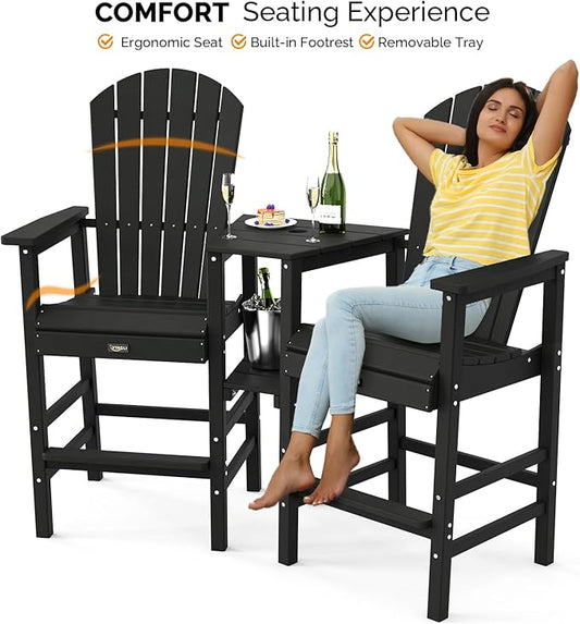 VINGLI Tall Adirondack Chairs Set of 2 with Dual Trays, All-Weather HDPE Outdoor BarStools Poly Deck Chairs for Patio, Poolside and Balcony (Black)