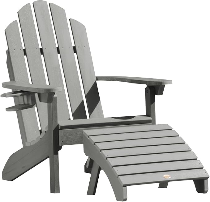highwood Classic Wesport Adirondack Chair with Ottoman and Cup Holder, Coastal Teak