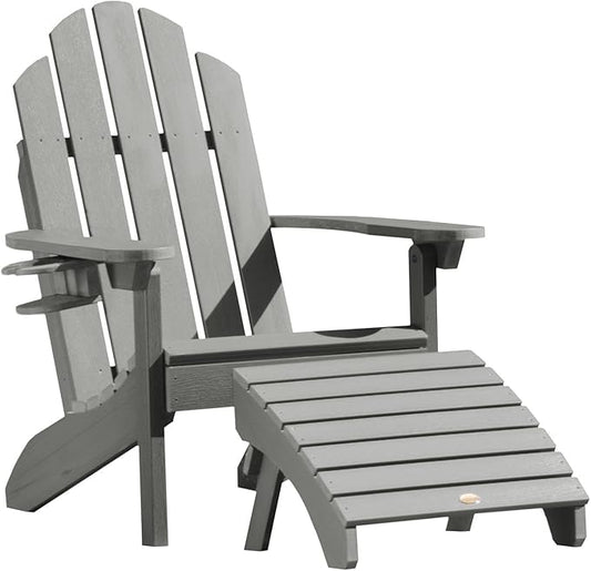 highwood Classic Wesport Adirondack Chair with Ottoman and Cup Holder, Coastal Teak