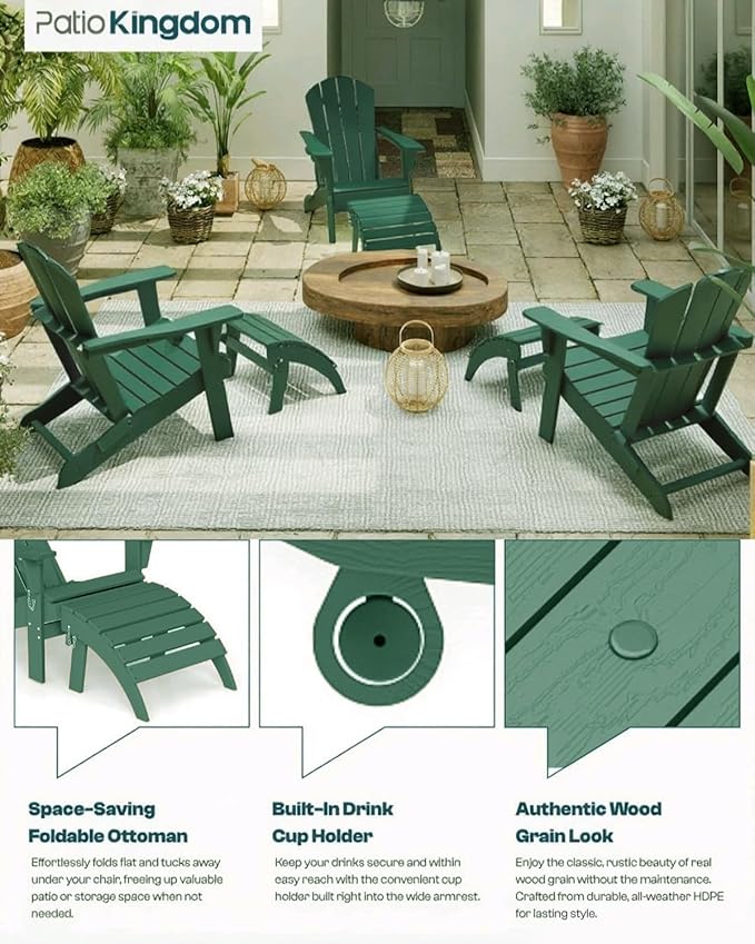 Green 6-Piece Folding Adirondack Chair Set with Cup Holders, Ottomans - Photo 4