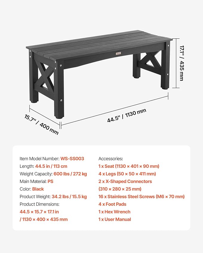 VEVOR Outdoor Bench, 44.5 inch, 600 lbs Weight Capacity, Weatherproof Plastic Frame with Adjustable Level Footpads and Thick Leg, Outside Bench for Patio, Garden, Park, Yard, Front Porch, Black