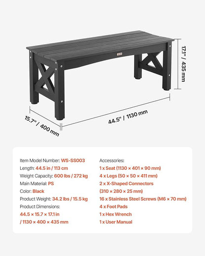 VEVOR Outdoor Bench, 44.5 inch, 600 lbs Weight Capacity, Weatherproof Plastic Frame with Adjustable Level Footpads and Thick Leg, Outside Bench for Patio, Garden, Park, Yard, Front Porch, Black