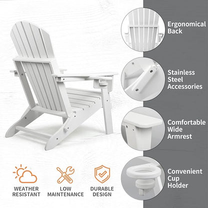 FUNBERRY Folding Adirondack Chair Set of 2, HDPE All Weather Fire Pit Chairs with Cup Holder for Outdoor