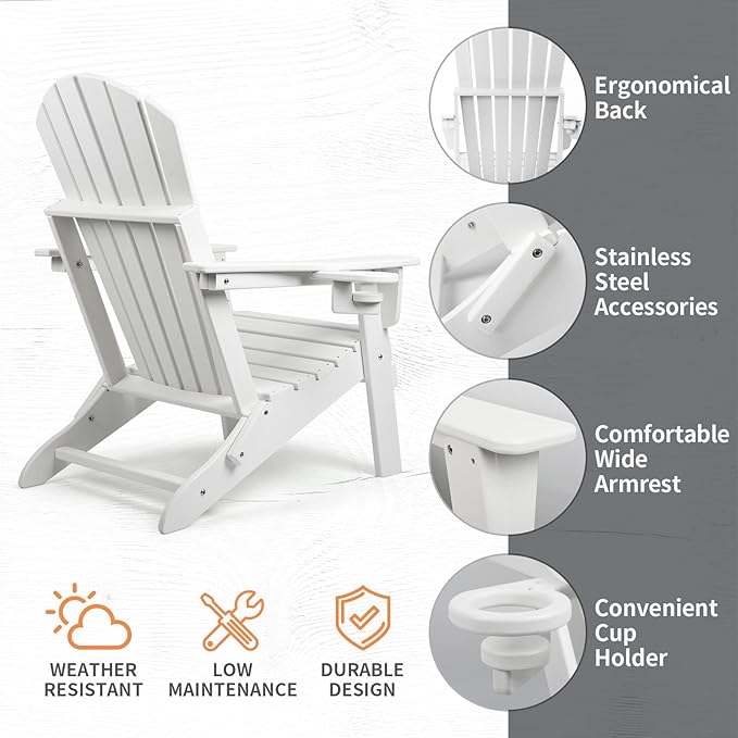 FUNBERRY Folding Adirondack Chair, HDPE All Weather Fire Pit Chairs with Cup Holder for Outdoor
