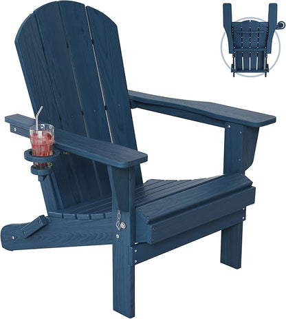 Outdoor Folding Adirondack Chair Set of 1 for Patio Fire Pit, Wooden Textured HDPE Adjustable Chairs with Cup Holder, Waterproof All Weather Resistant Plastic for Pool Lawn Garden Backyard(NavyBlue)