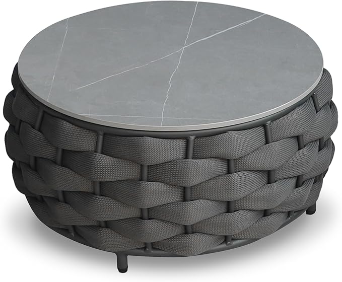 Round Patio Accent Table: φ25.6''/65cm Aluminum Coffee Tables - Hand Woven Rope Side Table Assembled - Metal Modern Outdoor Furniture for 176lbs Deck Porch Garden Pool Balcony Hotel, Dark Gray