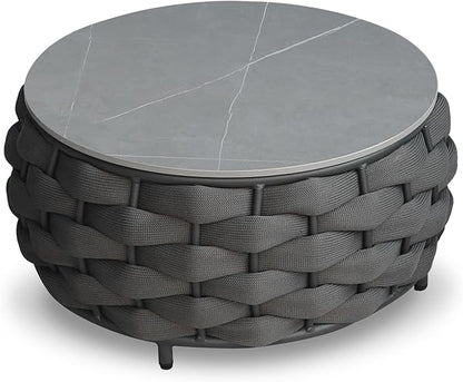Round Patio Accent Table: φ25.6''/65cm Aluminum Coffee Tables - Hand Woven Rope Side Table Assembled - Metal Modern Outdoor Furniture for 176lbs Deck Porch Garden Pool Balcony Hotel, Dark Gray