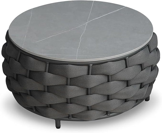 Round Patio Accent Table: φ25.6''/65cm Aluminum Coffee Tables - Hand Woven Rope Side Table Assembled - Metal Modern Outdoor Furniture for 176lbs Deck Porch Garden Pool Balcony Hotel, Dark Gray