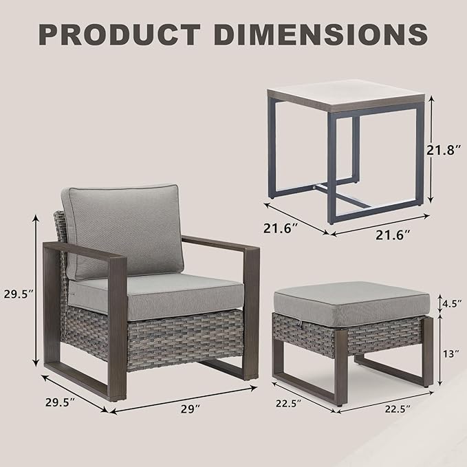 Rilyson Outdoor Wicker Patio Furniture Set - 5 Piece Patio Conversation Set with 2 Wicker Armrest Chairs,2 Rattan Ottoman, 1 Side Table, Sturdy Frame, Thick Cushions, Deep Seating(Mixed Grey/Grey)