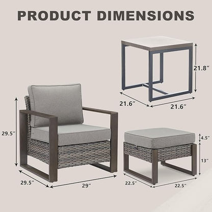 Rilyson Outdoor Wicker Patio Furniture Set - 5 Piece Patio Conversation Set with 2 Wicker Armrest Chairs,2 Rattan Ottoman, 1 Side Table, Sturdy Frame, Thick Cushions, Deep Seating(Mixed Grey/Grey)