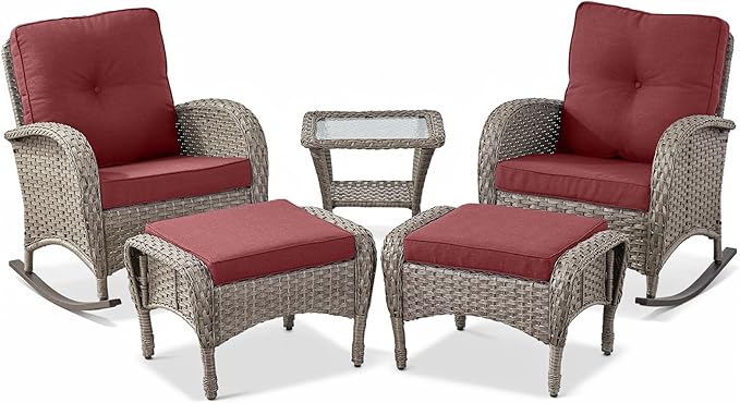 Belord 5 Piece Patio Rocking Chairs Furniture Set - Outdoor Wicker Furniture with Ottomans and Side Table - Photo 2