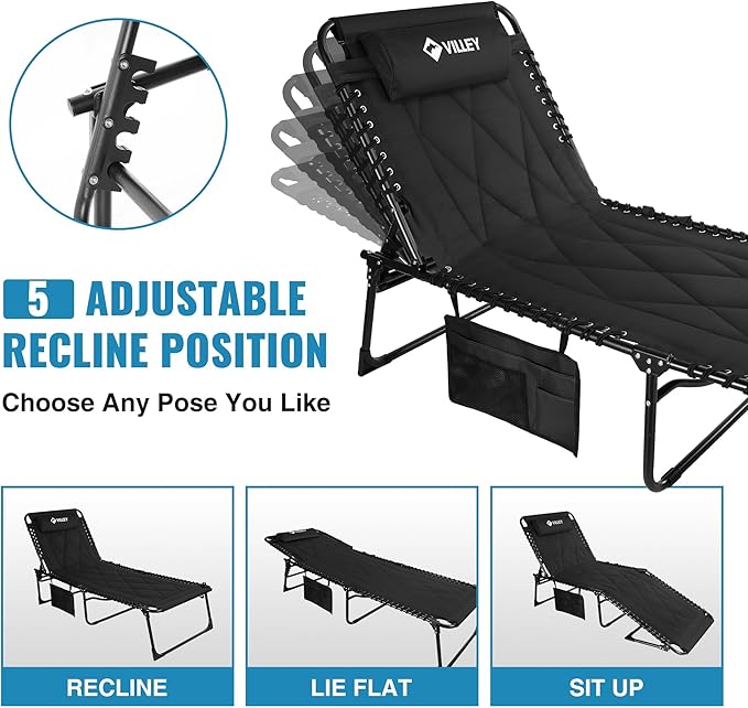 VILLEY Oversized Padded Chaise Lounge with Cushion, Foldable Camping Cot, Patio Reclining Lounge Chairs - Photo 2