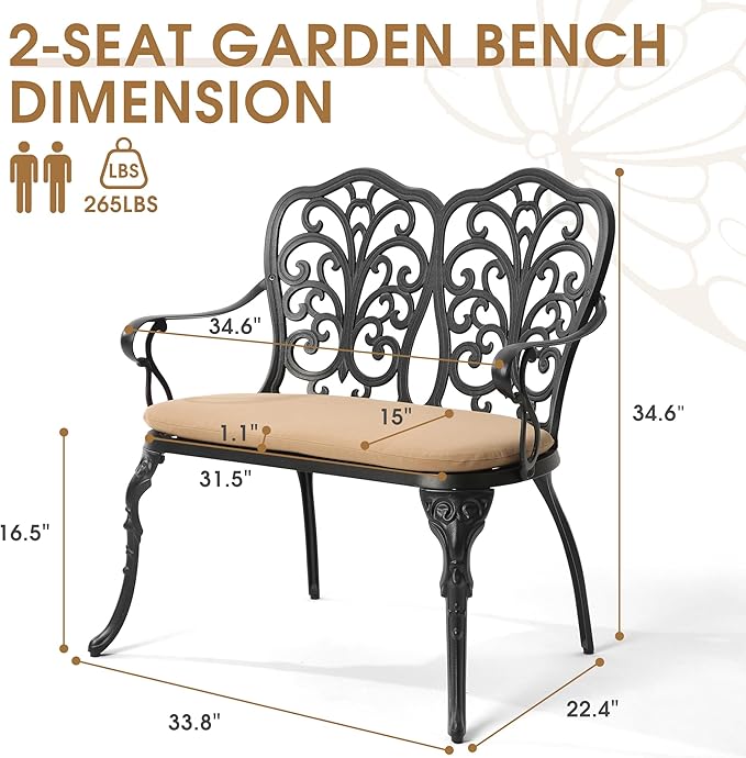 Outdoor Bench with Cushion, Cast Aluminum Double Seating with Backrest and Armrests, Mental Outdoor Furniture for Patio, Porch, Garden, Park, Black Butterfly