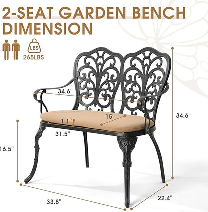 Outdoor Bench with Cushion, Cast Aluminum Double Seating with Backrest and Armrests, Mental Outdoor Furniture for Patio, Porch, Garden, Park, Black Butterfly