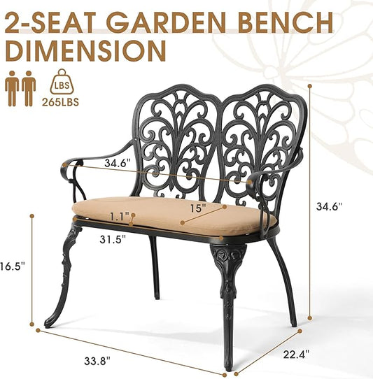 Outdoor Bench with Cushion, Cast Aluminum Double Seating with Backrest and Armrests, Mental Outdoor Furniture for Patio, Porch, Garden, Park, Black Butterfly