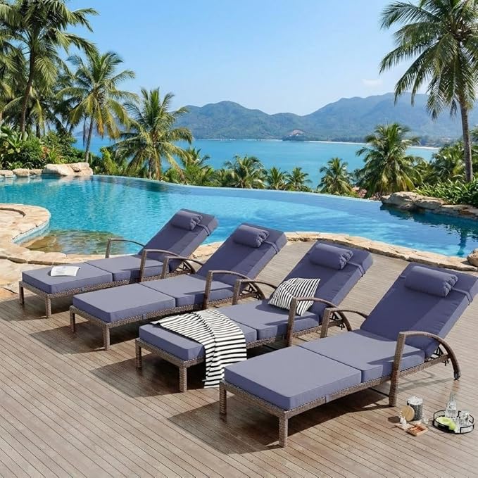 Outdoor Chaise Lounge Set of 2, 5-Position Adjustable PE Wicker Reclining Chairs with Wheels & 3.5" Cushions, 400 lbs Capacity All-Weather Patio Furniture for Poolside, Garden, Beach(Blue)