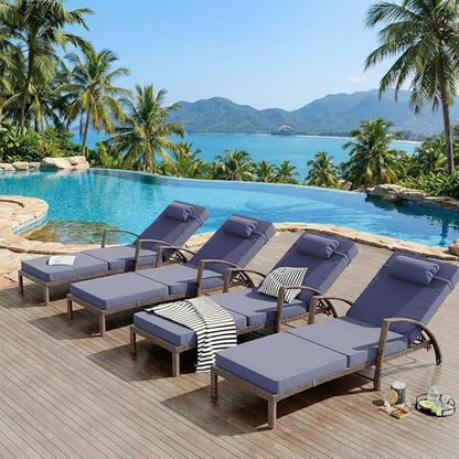 Outdoor Chaise Lounge Set of 2, 5-Position Adjustable PE Wicker Reclining Chairs with Wheels & 3.5" Cushions, 400 lbs Capacity All-Weather Patio Furniture for Poolside, Garden, Beach(Blue)