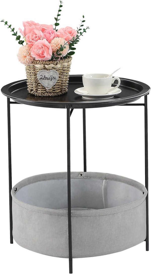 VECELO Round Side/End Table with Fabric Storage Basket，Metal Anti-Rust and Waterproof Small Bedside Nightstand with - Photo 1