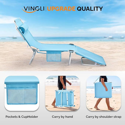 VINGLI Tanning Chair, Beach Lounge Chair with Face Hole, Lounge Chair Outdoor, Height-Adjustable Tanning Lounger, Anti-Tip Design, Carrying Bag, 475lbs, Blue