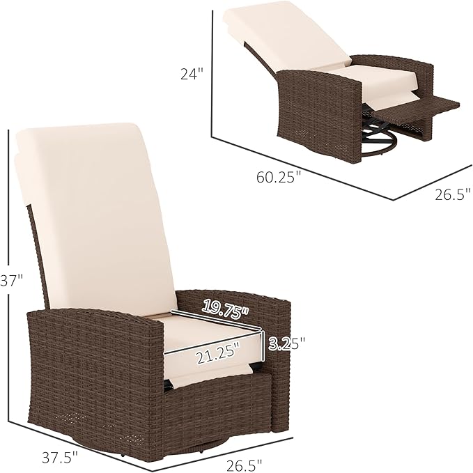 Outsunny Outdoor Wicker Swivel Recliner Chair, Reclining Backrest, Lifting Footrest, 360° Rotating Basic, Water-Resistant Cushions for Patio, Cream White