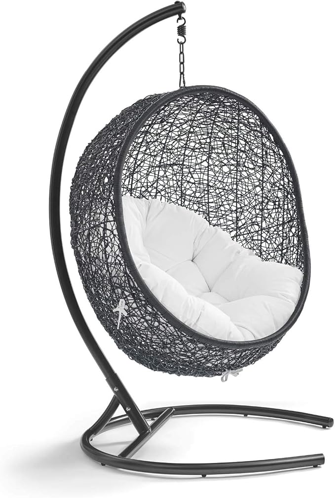 Modway Encase Wicker Rattan Outdoor Patio Porch Lounge Egg Swing Chair with Stand in White - Photo 1