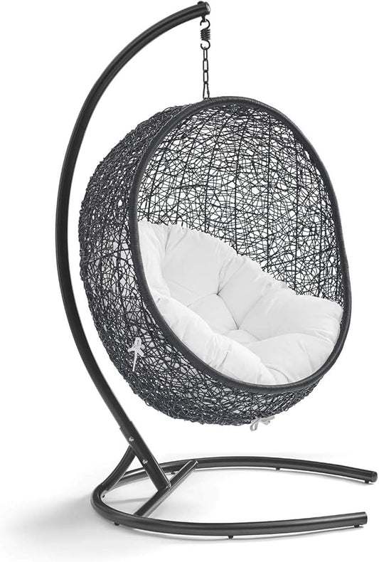 Modway Encase Wicker Rattan Outdoor Patio Porch Lounge Egg Swing Chair with Stand in White