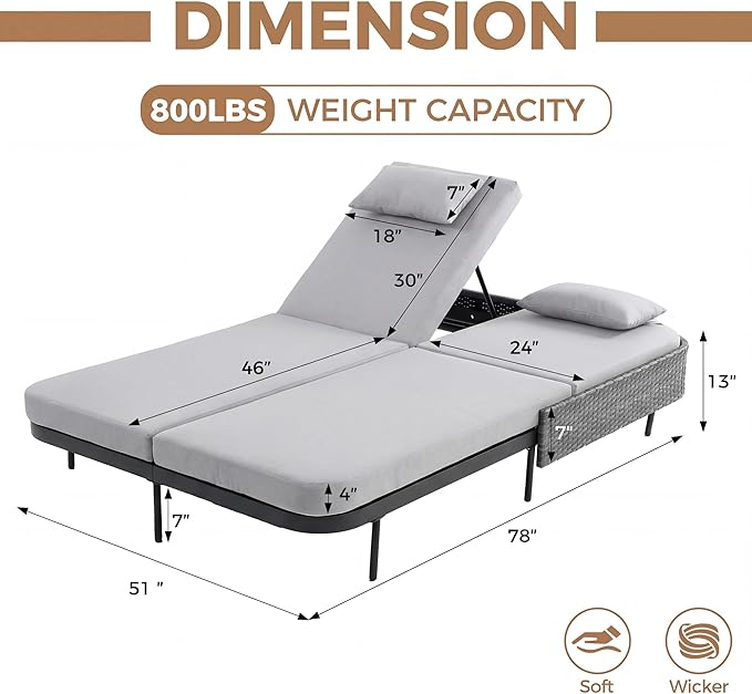 BULEXYARD 51.2" Double Chaise Lounge Outdoor, 2-Person PE Wicker Patio Daybed with Dual 5-Position Adjustable Backrest - Photo 2