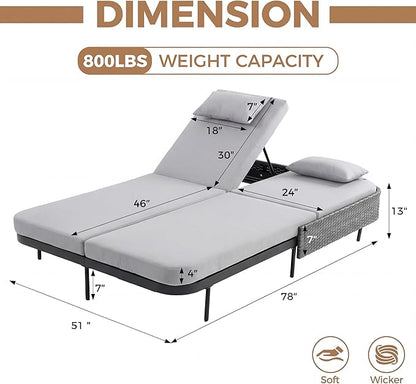 BULEXYARD 51.2" Double Chaise Lounge Outdoor, 2-Person PE Wicker Patio Daybed with Dual 5-Position Adjustable Backrest, Duty Outside Furniture with Thick Cushions for Porch Poolside Garden