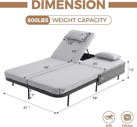 BULEXYARD 51.2" Double Chaise Lounge Outdoor, 2-Person PE Wicker Patio Daybed with Dual 5-Position Adjustable Backrest, Duty Outside Furniture with Thick Cushions for Porch Poolside Garden