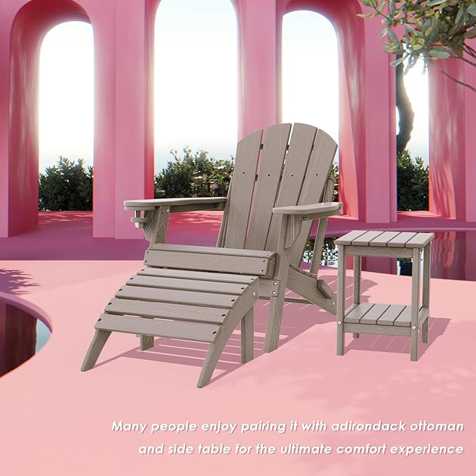 IVY&LANE Folding-Adirondack-Chair-Set-of-4 | HDPE Plastic | Wood Grain | Outdoor Fire Pit Chair with Cup Holder | Poly | Weather Resistant | for Patio Deck Poolside Garden Beach