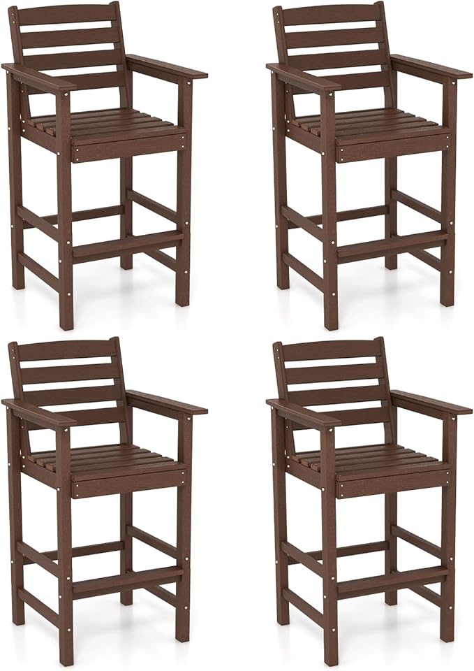 Giantex 29” Bar Stools Set of 4, HDPE Barstools w/Back, Armrests & Footrests, Max Load 330Lbs, Counter Height Bar Stools, Adirondack Chair for Patio Balcony Outdoor Bistro Set, Brown