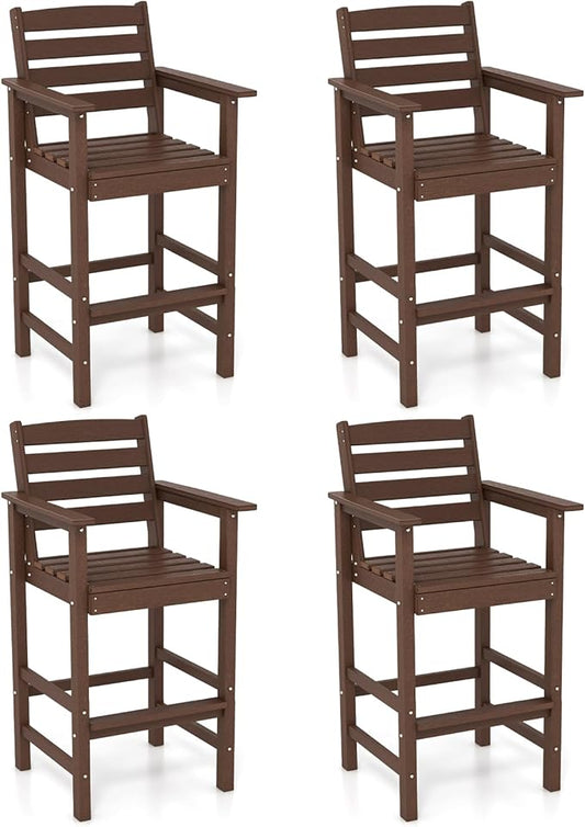 Giantex 29” Bar Stools Set of 4, HDPE Barstools w/Back, Armrests & Footrests, Max Load 330Lbs, Counter Height Bar Stools, Adirondack Chair for Patio Balcony Outdoor Bistro Set, Brown