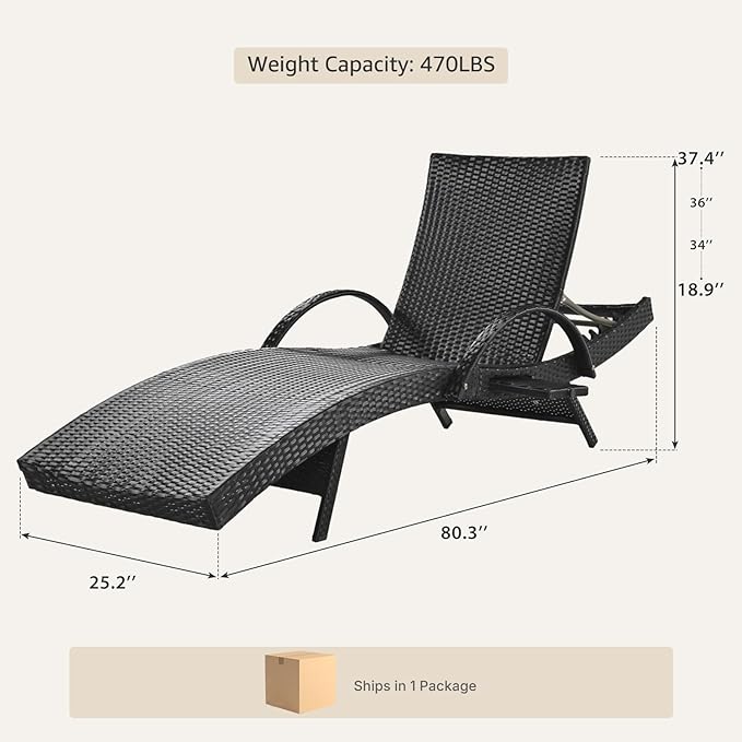 Set of 2 Black Outdoor Chaise Lounge Chairs, Wicker Patio Lounge Chairs with Adjustable Backrest and Armrests, Durable PE Rattan Pool Chair for Patio, Poolside and Garden
