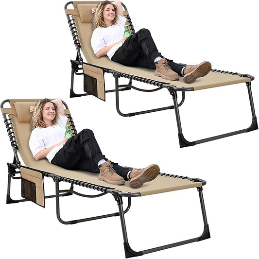 KingCamp Chaise Lounge Chairs Outdoor Foldable Patio Sun Chair for Outside Camping Sunbathing Beach Lawn Pool Garden Yard Folding Lightweight Heavy Duty Portable Adjustable Lounge with Pillow