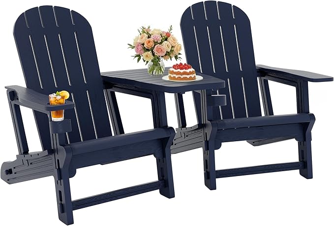 JY QAQA Outdoor Adirondack Chair Set of 2, All-Weather HDPE Patio Furniture with Detachable Table, Wood Texture & Cup Holder for Patio, Poolside, Garden, Dark Blue