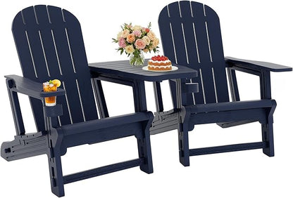 JY QAQA Outdoor Adirondack Chair Set of 2, All-Weather HDPE Patio Furniture with Detachable Table, Wood Texture & Cup Holder for Patio, Poolside, Garden, Dark Blue