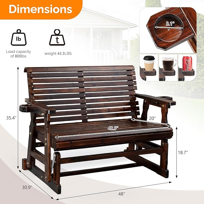 VINGLI Wooden Patio Glider, Heavy Duty 800 LBS Outdoor Glider with Cup Holders - Photo 3