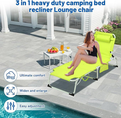 XMT 3-in-1 Tanning Chair with Face Hole for Outside, 5-Position Reclining & Head Cushion – Portable Folding Beach Lounge Chairs for Pool, Lawn, Yard (Green)
