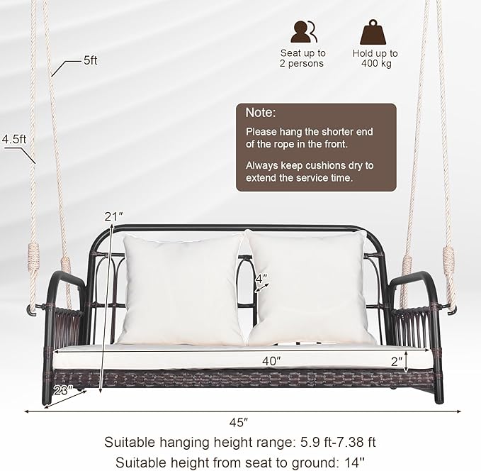 HAPPYGRILL Wicker Porch Swing, 2-Person Outdoor Patio Hanging Chair with Cushions, Metal Frame - Photo 9