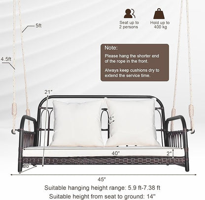 HAPPYGRILL Wicker Porch Swing, 2-Person Outdoor Patio Hanging Chair with Cushions, Metal Frame, Hanging Swing Bench with Ropes for Garden Backyard, 880 LBS Weight Capacity