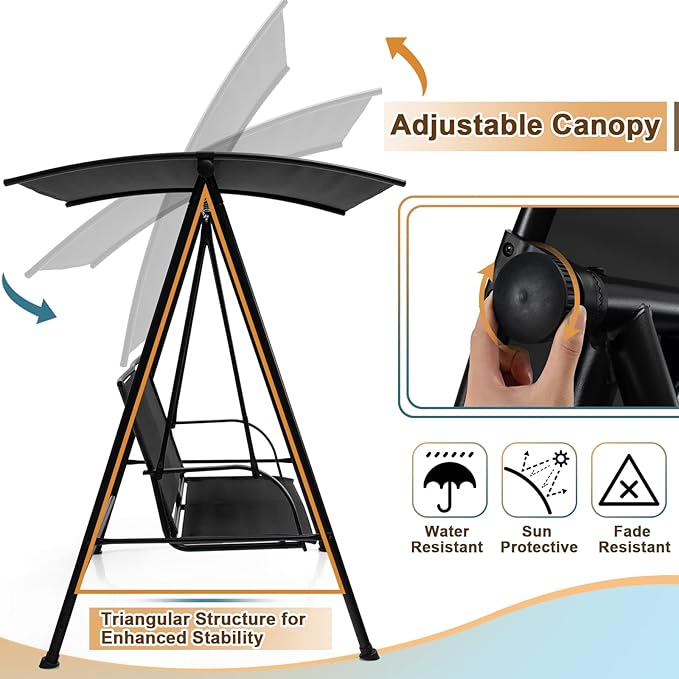 Tangkula 2 Person Porch Swing, Patio Swing with Adjustable Canopy, Comfortable Fabric Seat & Heavy-Duty Steel Frame - Photo 6