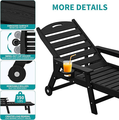 Plawdlik Oversized Patio Chaise Lounge, 5 Positions Adjustable HDPE Outdoor Lounge Chair with Rolling Wheels & Cup Holder,All-Weather for Poolside, Beach, Garden - Black